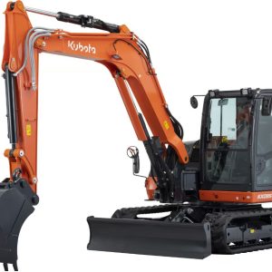 Photo of a Kubota KX085-5 brand 9 tonne excavator. The excavator is the standard Kubota orange and black and features a cab for the driver, bucket and treads.