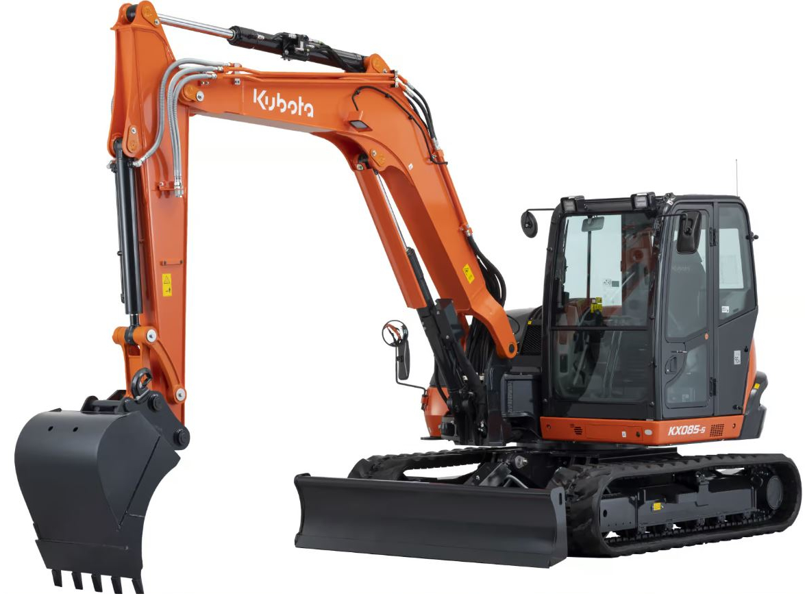 Photo of a Kubota KX085-5 brand 9 tonne excavator. The excavator is the standard Kubota orange and black and features a cab for the driver, bucket and treads.