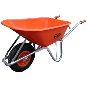 A photo of an orange wheel barrow on a white background. The wheel barrow is branded Belle Warrior.