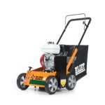 A product photo on a white background of a yellow and black Eliet petrol lawn scarifier.