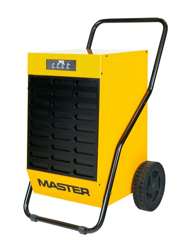 A bright yellow dehumidifier with a black front, handle and wheels. It also has the brand "Master" in black on the front.