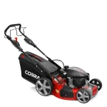A product photo of the Cobra petrol lawn mower. The lawn mower is red and black in colour and is on a plain white background.