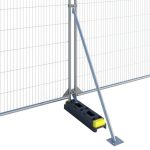 Product image on a white background of a fence stabiliser holding up a steel fence.
