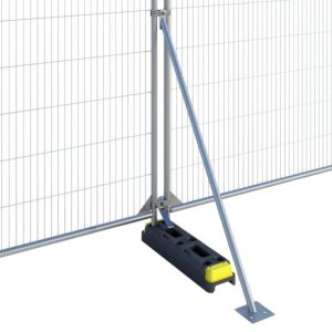 Product image on a white background of a fence stabiliser holding up a steel fence.
