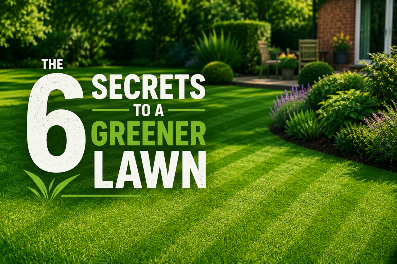 Photo of a very green and neat garden lawn bordered by flowers, shrubs and trees. The title over the photo is: "The Six Secrets to a Greener Lawn".