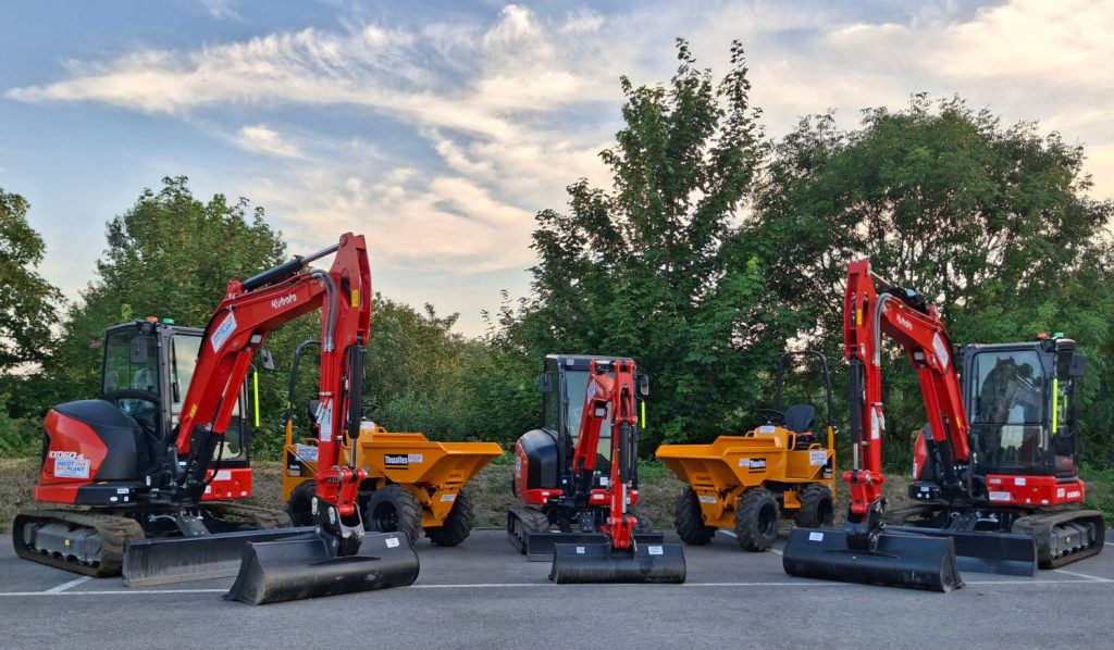 A photo of new plant at the Didcot Plant yard. This includes three mini excavators and two dumpers.