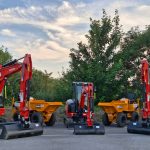 A photo of new plant at the Didcot Plant yard. This includes three mini excavators and two dumpers.